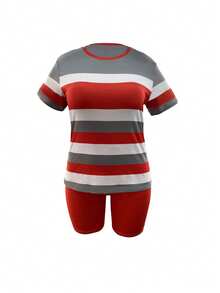 Plus Size Women's Fashion Two-Piece Suit, Round Neck Short-Sleeved Top And Shorts Set, Striped Print Short-Sleeved Shorts Two-Piece Suit - 紅色 - 查看 2