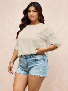 Women's Plus Size Blouse/ Guipure And Elastic Detail On The Sleeve - Beige - View 2