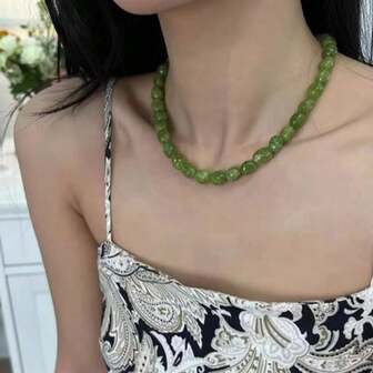 1pc Vintage Green Beaded Necklace, Suitable For Daily Wear