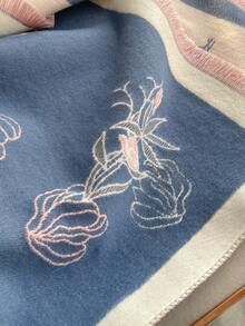 1件花卉提花针织仿羊绒保暖围巾/披肩，女士适用，秋冬季百搭时尚配饰，适合搭配连衣裙。 - 玫瑰藍色 - 查看 3