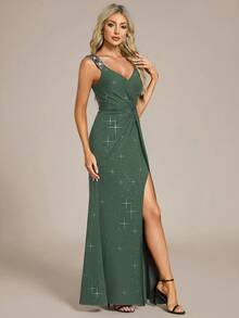 EVERPRETTY Women's Formal Dresses Elegant Glamorous V-Neck Sleeveless High Split Waist Ruched Sequin Sparkly Green Semi Formal Dresses Prom For Dinner Party Formal Event