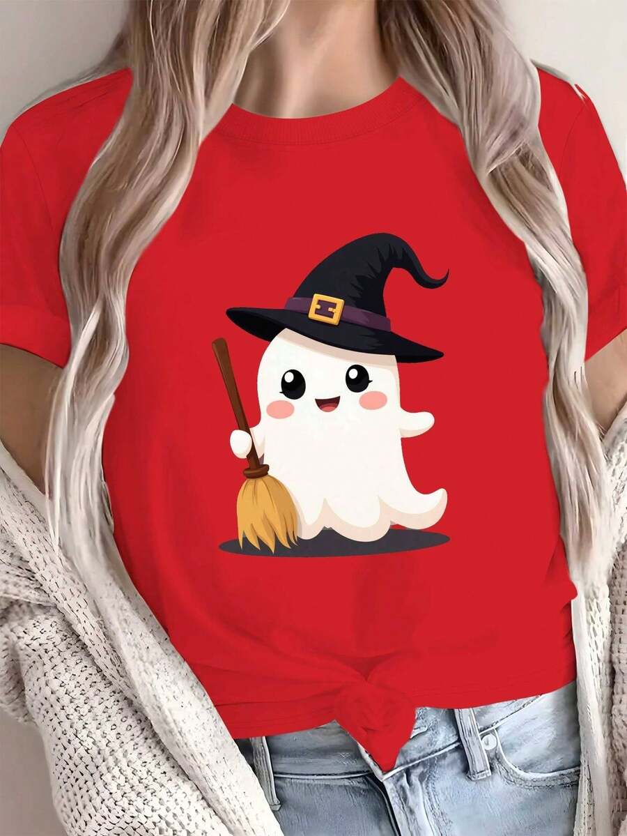 Camiseta de Mujer con Diseño Divertido de Bruja y Escoba - 100% Cómoda para Uso Casual, Rojo Con Sonrisas Adorables e Ilustración del Sombrero mágico & Varita Voladora, Ideal Para Eventos Temáticos, Outfits Diarios o Disfraces Halloweenianos en Todo Clima. Estampado Geométrico Juguetón, Lavable a Maquina, Ajuste Relajado, Color Vibrante Enrojecimiento, ¡Ropa Encantada al Tema De La Hechicera!