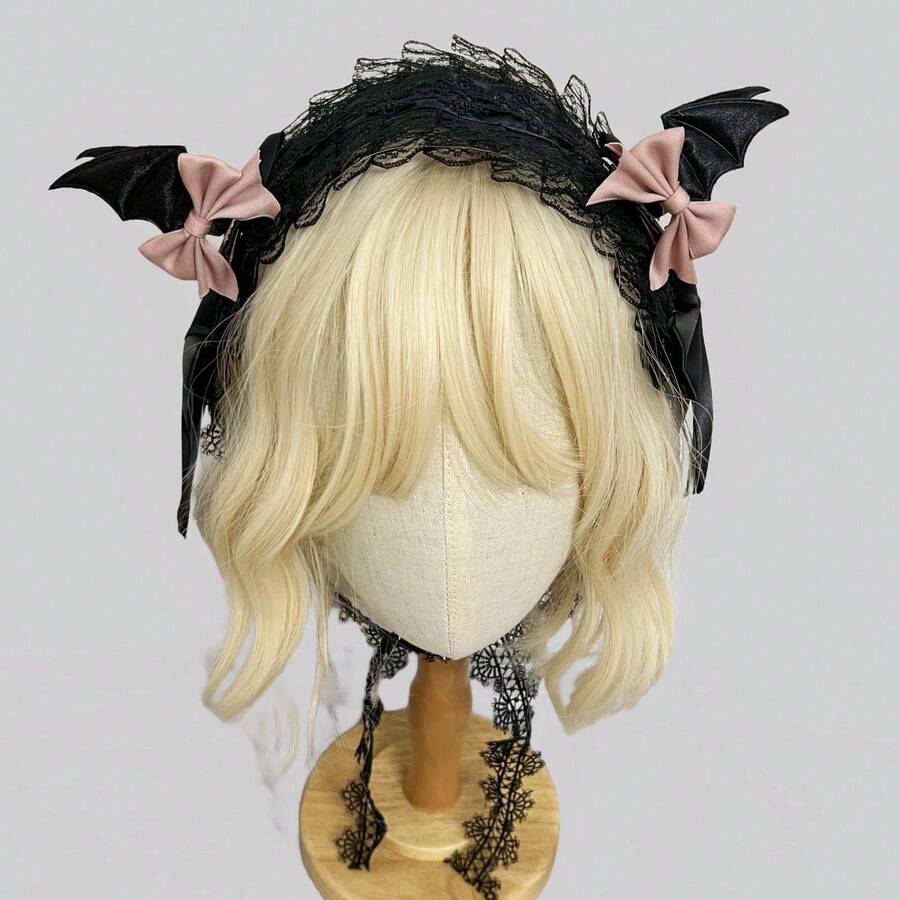 1 Conjunto – Diadema y Horquilla – Estilo Oscuro – Adorno para el Cabello de Halloween – Lazo – Diadema negra + Horquilla con Lazo Rosa y Alas de Pasta de Frijoles - Diadema negra + horquilla con forma de ala de lazo rosa con pasta de frijoles - Ver 1