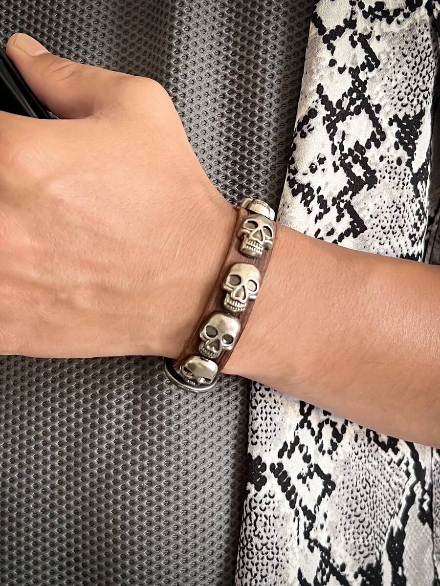 1pc Punk Skull Vintage Leather Bracelet, Casual Daily Wear For Men