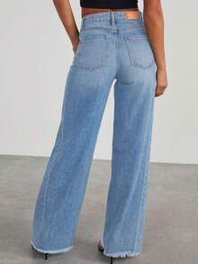Women's Summer Fashion Wide Leg Jeans High Waist Elastic Loose Frayed Edge Denim Wide Leg Pants With Pockets - Màu xanh nhạt - Xem 3