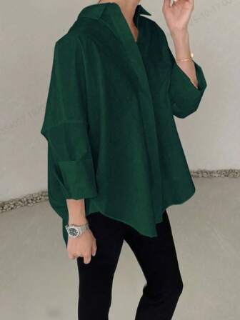 大码女式绿色长袖宽松休闲衬衫