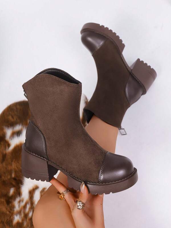 Women's New Thick Sole Ankle Boots, Fashionable Short Boots With Zipper, Chunky Heel, Patchwork, Versatile, Brown Color