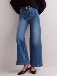 Women Wide Leg Baggy Jeans High Waisted Straight Stretchy Denim Pants Seamed Long Trousers - 藍色 - 查看 2
