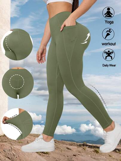 女士纯色瑜伽紧身裤，带口袋，提臀收腹，弹力运动裤，适合户外健身，春季穿着