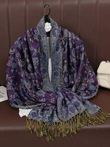 1条女士围巾，波西米亚风流苏发带，时尚复古佩斯利花纹头巾，休闲优雅防晒围巾披肩，适合日常佩戴和节日送礼 - 紫孔藍 - 查看 3