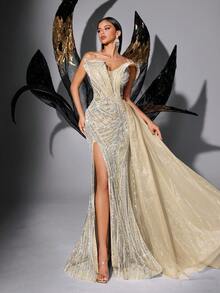 Đầm dạ hội dáng đuôi cá xẻ tà, không dây vai, đính sequin, màu trơn thời trang, thích hợp cho đám cưới, tiệc mùa xuân. - Màu be - Xem 2