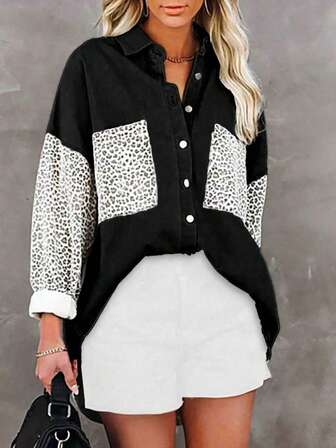 Stylish Plus Size Blouse Featuring Asymmetrical Hem And Leopard Print Patchwork Long Sleeves Button Details