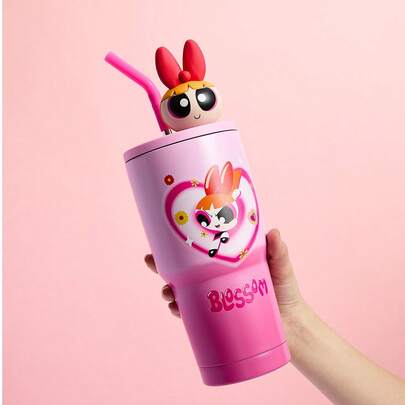 Miniso Miniso Powerpuff Girls Gradient Stainless Steel Straw Cup - 900mL Large Capacity-Pink
