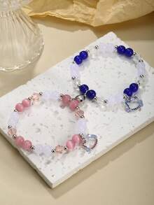 Sanrio 2pcs Set Hello Kitty Charm Beaded Bracelet With Heart Magnetic Clasp, Couple Bracelet, Cute Bracelet, Suitable For Daily Outfit, Gift For Boyfriend/Girlfriend