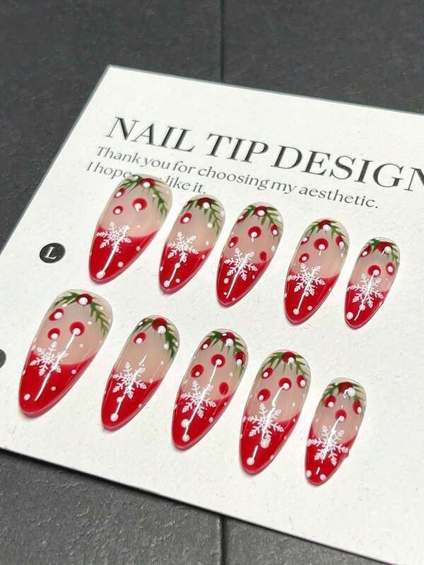 1package/10pcs-Festive Christmas Vibe: Snowflake & Berry Manicure Nail Tips