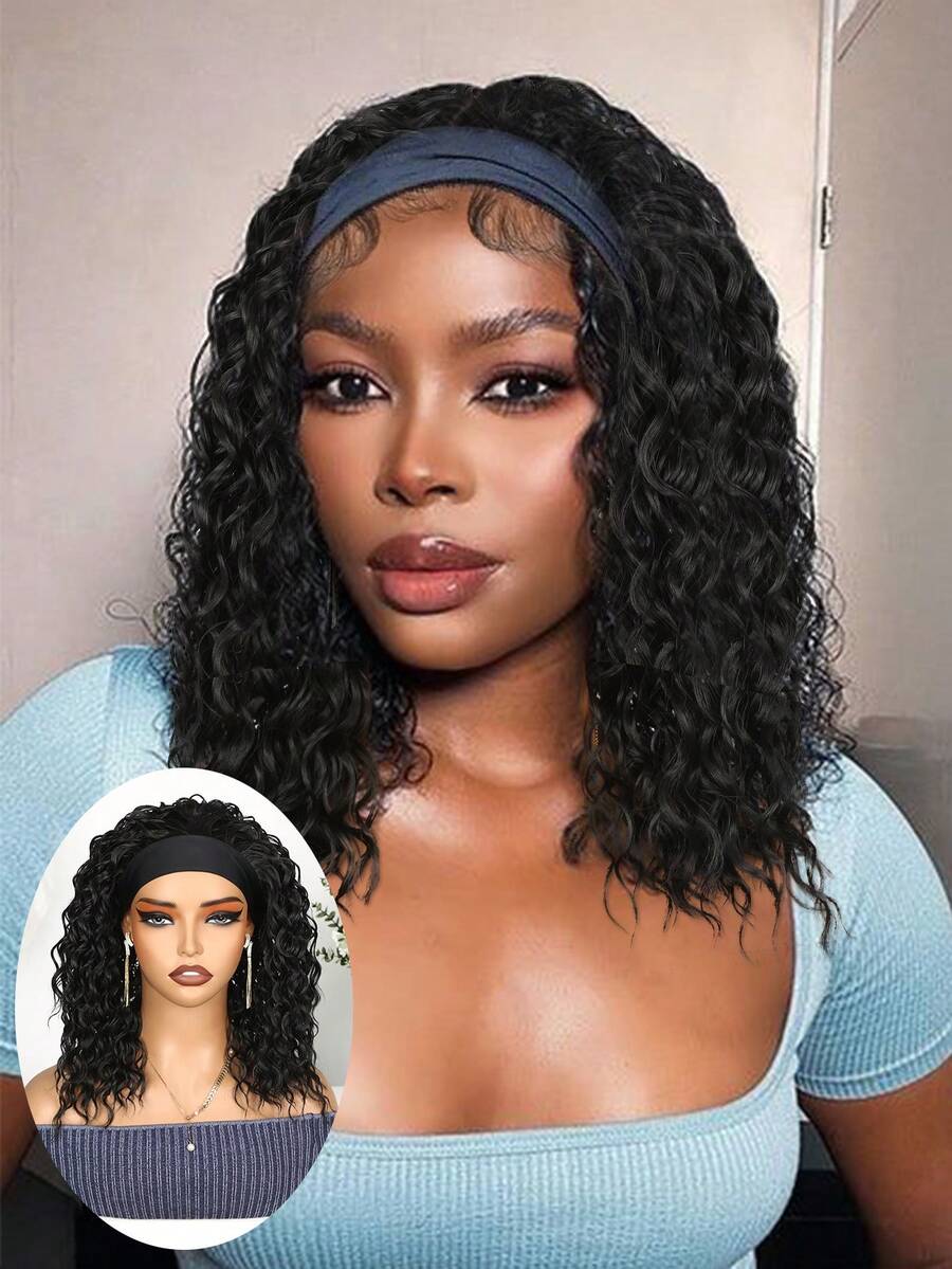 Water Wave Headband Wigs Synthetic Put-On & Go Curly Wave Synthetic Wig With Head Band Affordable For Women Daily Use Natural Black Color For Daily Party , Halloween, Cosplay,Christmas, Parties, Etc.