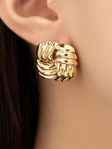 1 对时尚方形扭曲交叉缠绕夹式耳环女士复古几何编织纹理耳钉珠宝礼物 - clip - 查看 3