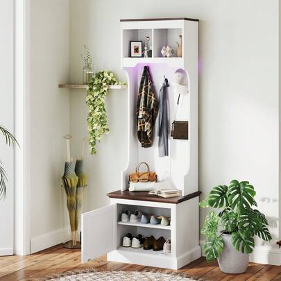 HOMCOM 3-In-1 Entryway Hall Tree With Bench, Standing Coat Rack With Shoe Storage, Three Hooks, White Wood Grain With Light