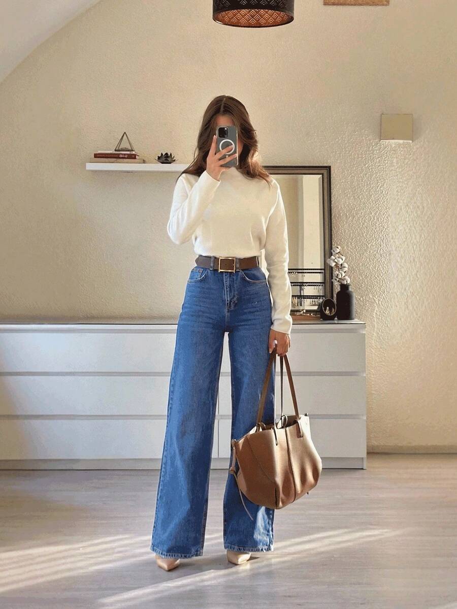 New Women Loose Fit Wide Leg Washed Denim Jeans - Dark Wash - View 1