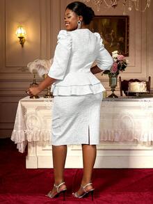 提花派对连衣裙，荷叶边七分袖，V领，优雅高贵，遮掩小肚腩，女士适用，适合约会、派对、婚礼、伴娘、毕业典礼、婚礼宾客等场合，白色连衣裙，新年礼服 - 白色 - 查看 7