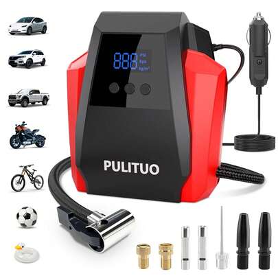 PULITUO Portable Tire Inflator For Cars & Bikes – Compact 12V Air Compressor Pump With Digital Pressure Gauge, Auto Shutoff, Emergency LED Light – Easy To Use For Women, DIY Car Maintenance