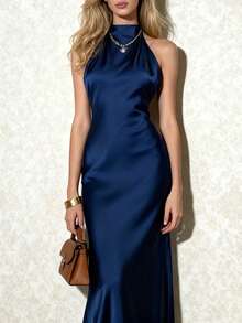 WOWDARK Women's Autumn Solid Color Satin Halter Neck Backless Dress