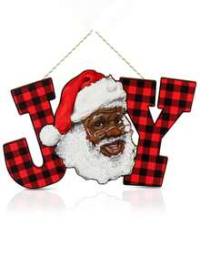 Schwarzer Weihnachtsmann Afroamerikanische Weihnachtsdekoration Freude Buchstabenschild Rot karierter Büffel Holz Freude Wandbehang Weihnachts Holzbuchstaben Ornamente für Feiertage Innen- und Außendekoration Zuhause