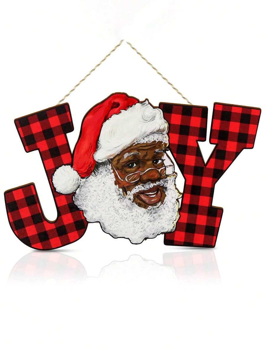 Schwarzer Weihnachtsmann Afroamerikanische Weihnachtsdekoration Freude Buchstabenschild Rot karierter Büffel Holz Freude Wandbehang Weihnachts Holzbuchstaben Ornamente für Feiertage Innen- und Außendekoration Zuhause