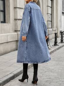 大码女式长款牛仔夹克外套，优雅时尚的秋冬风衣 - 藍色 - 查看 7
