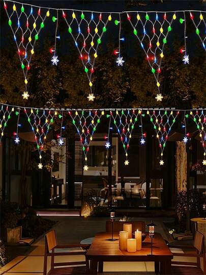 1pc Outdoor Christmas Snow Light, Warm White/Color Triangle Net Light, LED Fairy String Light, Icicle Curtain Light, USB Plug, Suitable For Eaves, Courtyard Wall, Porch, Passway, Shop, Holiday Decoration, Thanksgiving, Christmas Decoration, Festive Decor, Snowflake Design, Decorative String