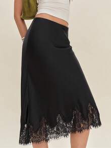Women Silk Satin Half Slip Long Skirts Lace Patchwork Elastic Waist Long Skirt Elegant Silky Flowy A Line Midi Skirts - 黑色 - 查看 4