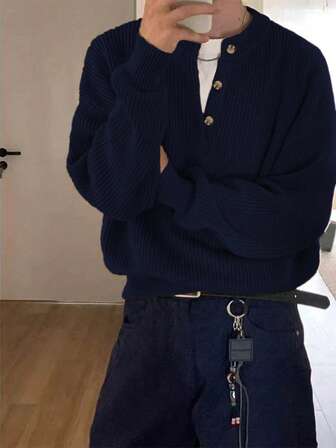 Jersey de cuello redondo de manga larga con botones decorativos, cómodo y minimalista, versátil para uso diario, otoño/invierno