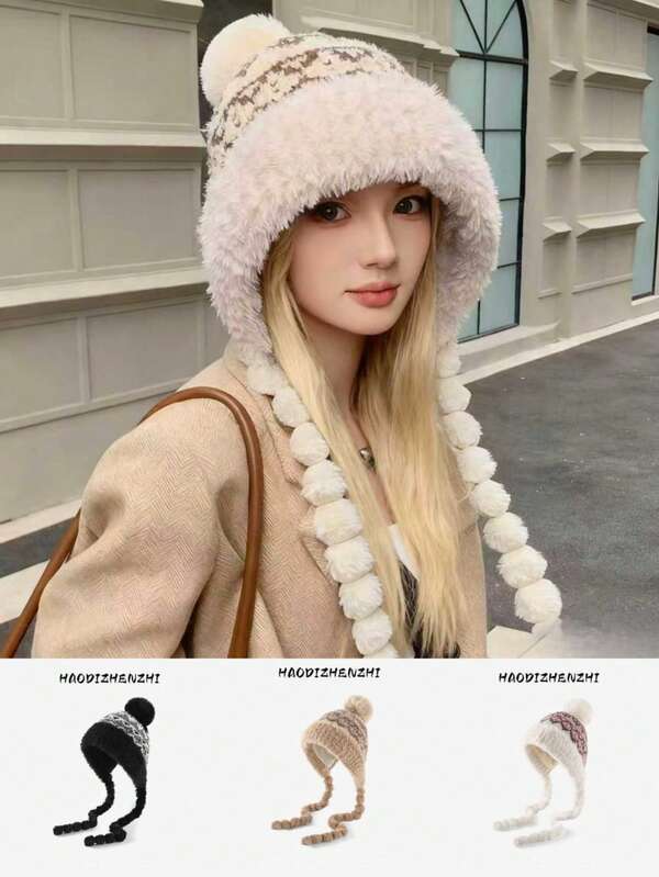 Eine Plüschmütze für Frauen und Mädchen, Studentinnen für den Winter, Weihnachten, Outdoor-Reisen, Zusammenkünfte, Festivals, mit zusätzlicher Samt-Isolierung, Kälteschutz, Ohrenschutz, dicke Wollmütze, vielseitig einsetzbar, süß und modisch gestrickte Mütze, Beanie