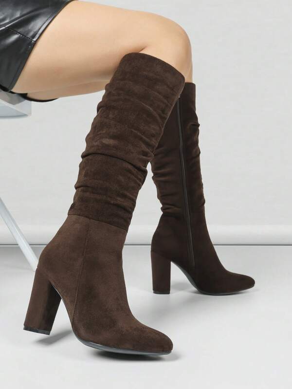 Women's Pointed Toe Side Zipper Ruched Chunky Heel Over-The-Knee Boots, Retro European And American Style, Fashionable For Autumn/Winter, High Comfort And Stylish, Suitable For Various Occasions