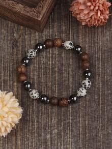 Men's Hematite Protection Bracelet 8mm Dalmatian Jasper & Wooden Beads Vintage Jewelry For Women Men, Emotions Balance, Absorb Negative Energy