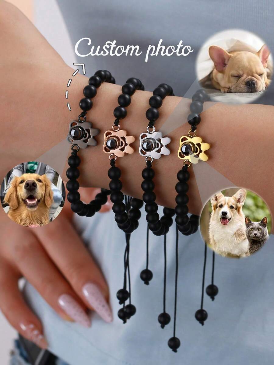 Pulsera de proyección de foto personalizada, pulsera de cuentas de piedra natural, pulsera con huella de gato/perro, minimalista, casual, linda, personalizada, única, regalo ideal para novia, madre, familia, amiga, hija, aniversario, San Valentín, Día de la Madre, cumpleaños, graduación, uso diario, boda, baile de graduación, joyería personalizada, regalo de Navidad