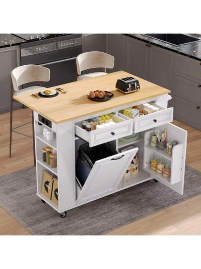 Kücheninsel Mit Rollen, Ausziehbarer Esstisch, Abfallbehälterfach Und tuchhalter, Mobile Servierwagen Steckdosenleisten, Ideal Für Küche Esszimmer (Weiß) view 3