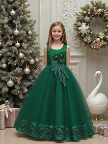 Tween Girls Mesh 3D Floral Elegant Glamorous Dress Suitable For Weddings And Parties, Headband Not Included - Dark Green - View 2