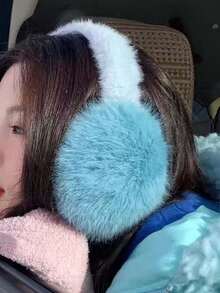 1个可爱蓝色毛绒耳罩，保暖户外学生冬季耳罩，蓬松长毛绒防寒耳罩，可折叠毛绒耳罩，冰川蓝和白色耳罩 - 彩色 - 查看 5