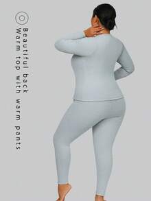 1 Set Plus Size Fleece Ribbed Crew Neck Long Sleeve Top & Letter Print Waistband 7/8 Pants, 2-In-1 Seamless Bra Included, Autumn/Winter