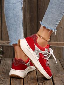 女士休闲运动鞋，红色绒面厚底鞋，时尚水钻装饰，舒适百搭，轻便