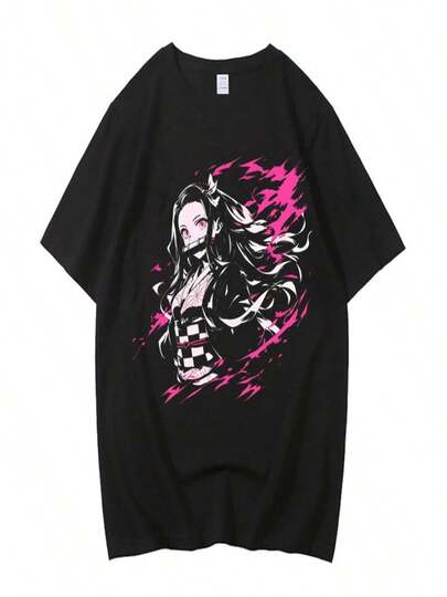 Demon Slayers Kimetsu no Yaiba Camiseta de Algodón Puro para Hombre Cómoda Psicodélica Retro Kawaii Camisa Colorida Patrón Universitario Colorido Punk Harajuku