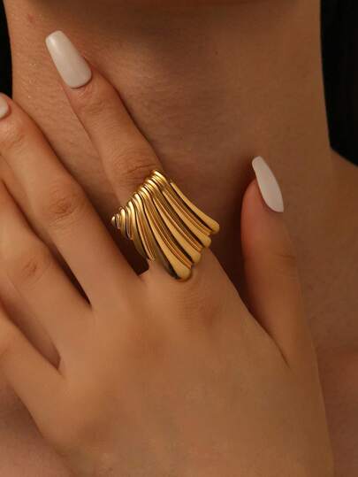 1pc Punk Style Exaggerated Geometric Curved Surface Stainless Steel Rings Opening Ring Suitable For Women's Daily Wear Gifts For Women, Stainless Steel Jewelry Christmas Gifts