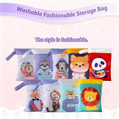 1pc Double Pocket Mommy Diaper Bag, Fashionable Patchwork Colorful Cartoon Animal Handbag, Baby Diaper Wet Dry Bag, Stroller Tote