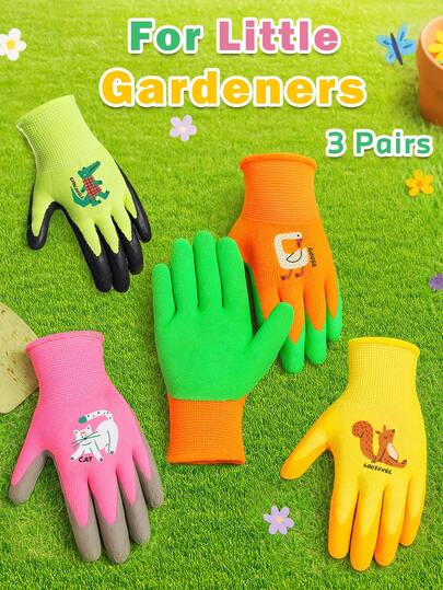 3 Pairs/1 Pair Kids Gardening Gloves With Cute Cartoon Design | Rubber-Coated For | Ages 3-8 | Durable, Easy To Clean, Comfortable Fit | Perfect Gift For Young Gardeners(Not Sure About The Fit? Go Bigger!)