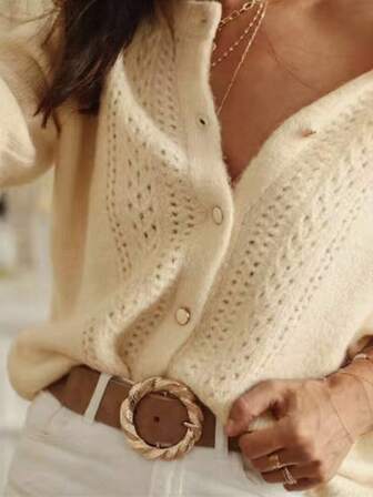 Plus Size Women Elegant Beige Hollow Button Cardigan, Lightweight Versatile Solid Color Knit Fabric Cardigan, Suitable For Vacation And Casual Wear, Essential For Autumn/Winter, Casual Top