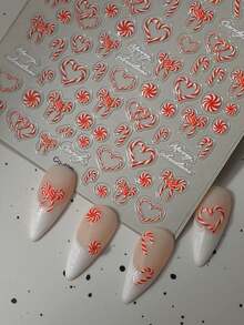 1pc 5D Jelly Embossed Red Christmas Candy Nail Sticker, DIY Self-Adhesive Waterproof Nail Art Decal - Đỏ + trắng - Xem 5