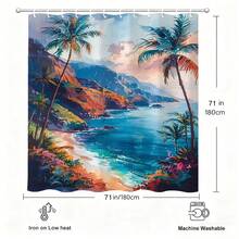 1Pc Multicolor Landscape Shower Curtain - Tropical  With Palm Trees And Ocean Scene Print, & Durable Bathroom Curtain, Lightweight & Easy Hang, Perfect For Lovers Of Scenery's Bathroom, Suitable For Home, Apartment & Hotel! Multicolor - Olive Green - View 5