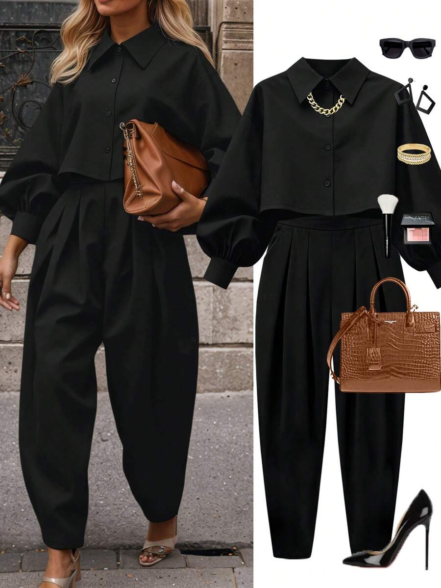 大码女士优雅黑色落肩长袖衬衫和长裤套装，时尚百搭，适合办公室和派对穿着，是感恩节/圣诞节的理想春季装扮。