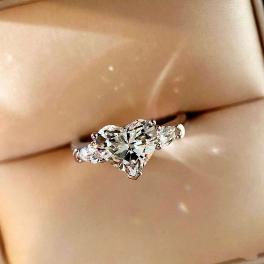 1 件女士订婚戒指,可爱优雅的合金锆石镶嵌心形装饰戒指,适合女性日常佩戴、订婚、婚礼、周年纪念、派对、情人节、生日礼物 - 銀色 - 查看 1